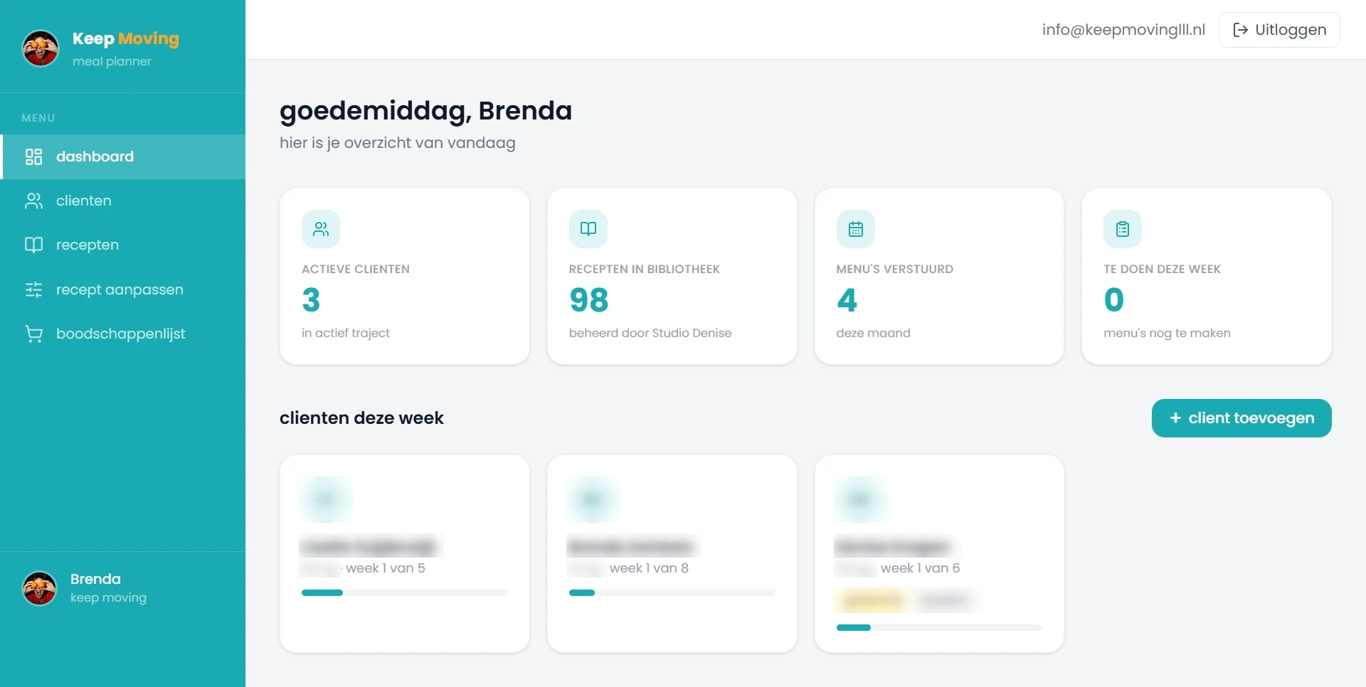 De meal planner van Keep Moving, met het overzicht van lopende trajecten.